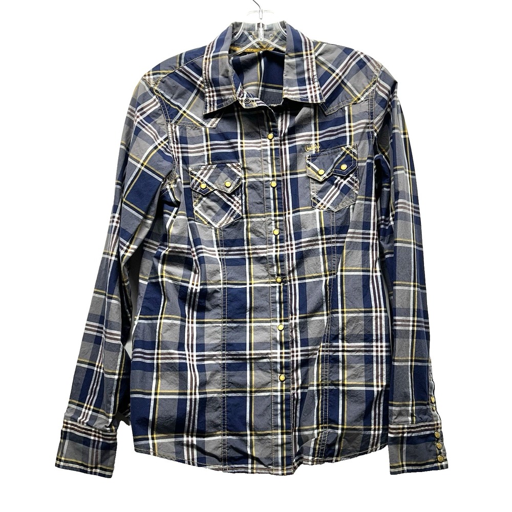 Cruel Girl Women's Large Blue Plaid Pearl Snap Button Long Sleeve Shirt (C6)